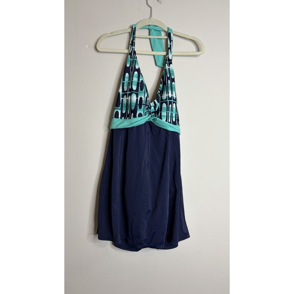 Islander Womens Plus 18W 1 Piece Swimdress Halter Navy Turquoise Geometric